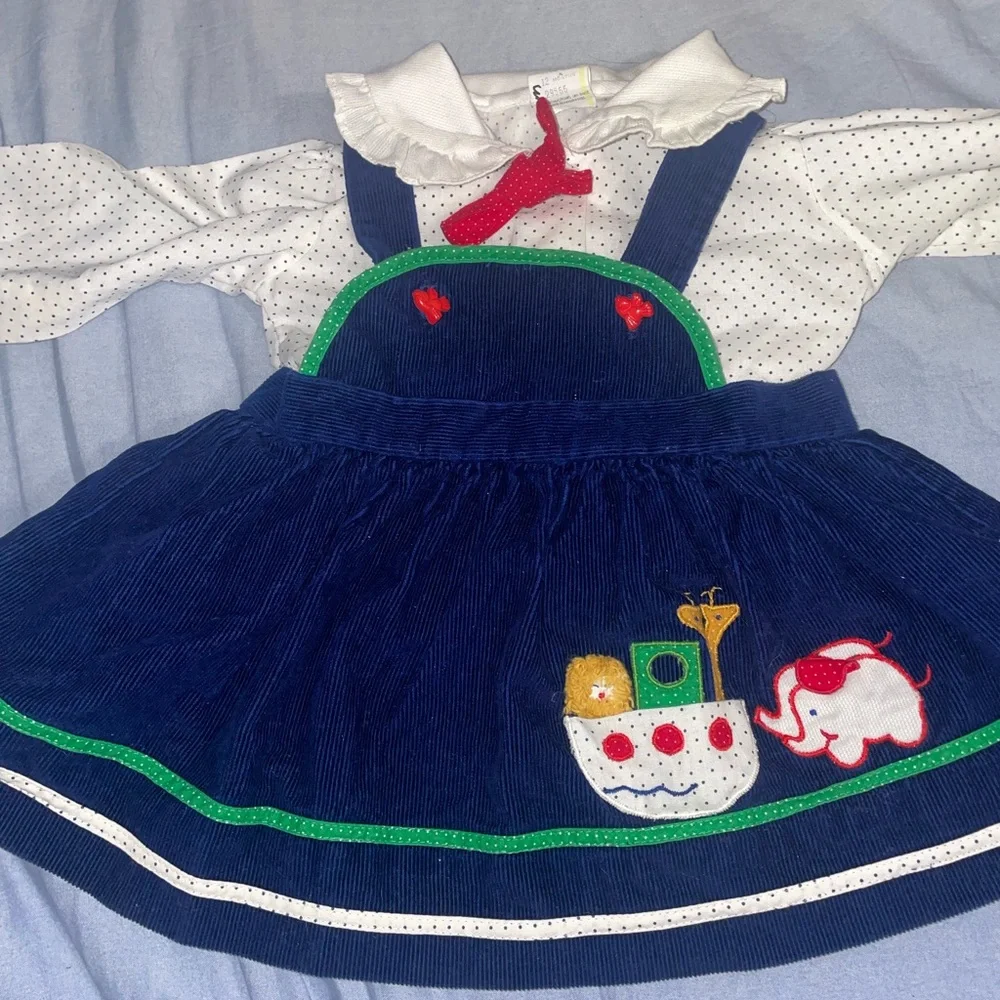 vintage navy blue corduroy jumper dress and white polka dot‎ collared blouse set